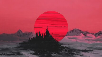 Obraz premium Surreal landscape with a large red sun setting behind a mountain range and a dark silhouetted landmass in the foreground