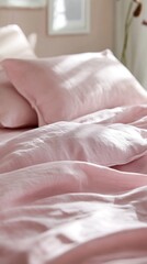 Soft pink linen bed sheets create a serene and inviting atmosphere in a cozy bedroom setting. Perfect for enhancing relaxation and aesthetic appeal, these sheets exude warmth and comfort