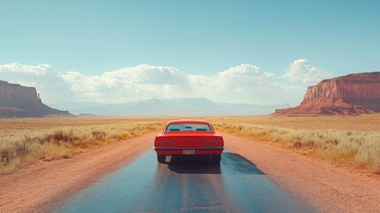 A scenic open road stretching through a vast desert landscape, with a classic car driving toward the horizon, evoking the freedom and adventure of a road trip.