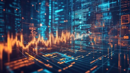 Fototapeta premium A vibrant digital landscape illustrating data visualization with graph lines, glowing elements, and a futuristic technological ambiance.