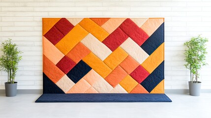 Vibrant geometric wall art installation in modern interior with planters and soft lighting