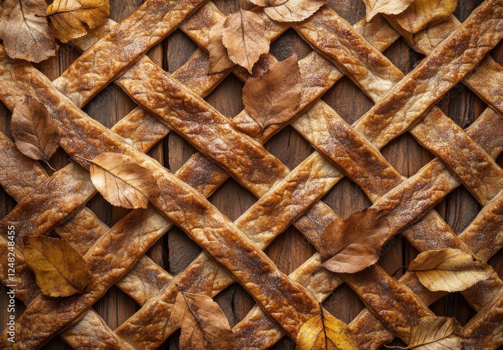 Poster rustic lattice pie crust with autumn leaves arranged on wooden surface creating a warm, inviting aut