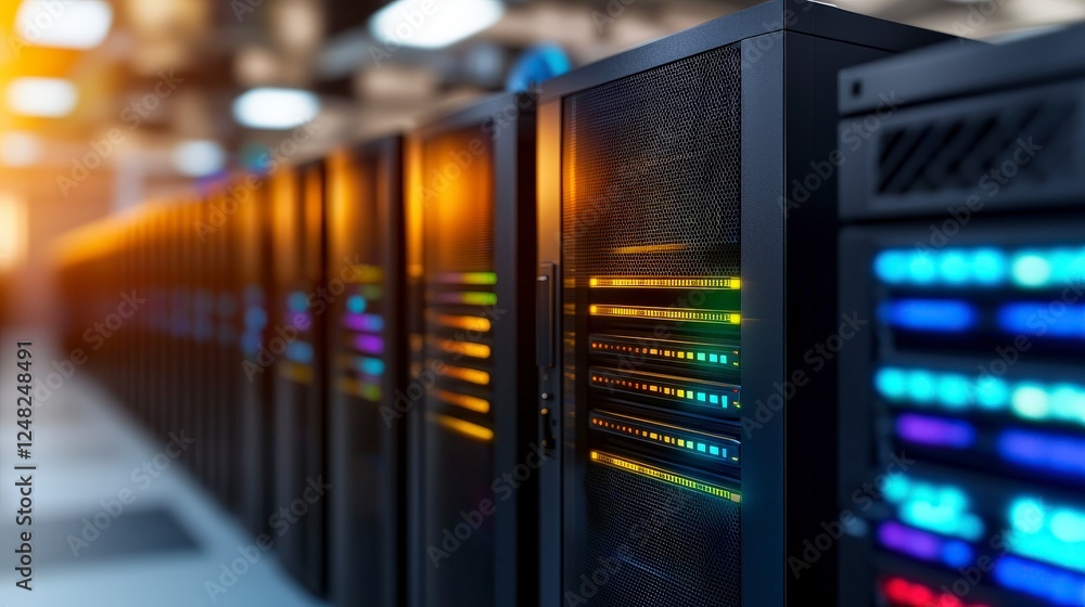 Poster colorful illuminated server racks in modern data center showcasing technology and digital innovation