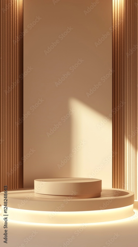 Poster This artistic setup features a minimalist platform under warm ambient lighting, emphasizing geometric shapes and natural hues. Perfect for highlighting premium products in a refined atmosphere