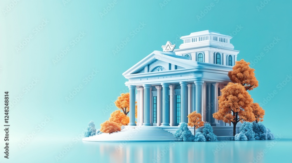 Poster a stylized architectural structure with classical columns, surrounded by orange trees, set against a