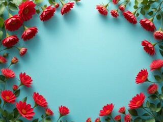 Obraz premium turquoise frame with red flowers around it