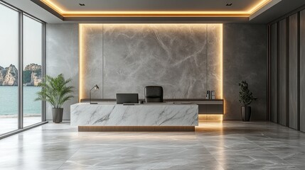 Modern office reception area with marble desk, ocean view, and stylish lighting accents