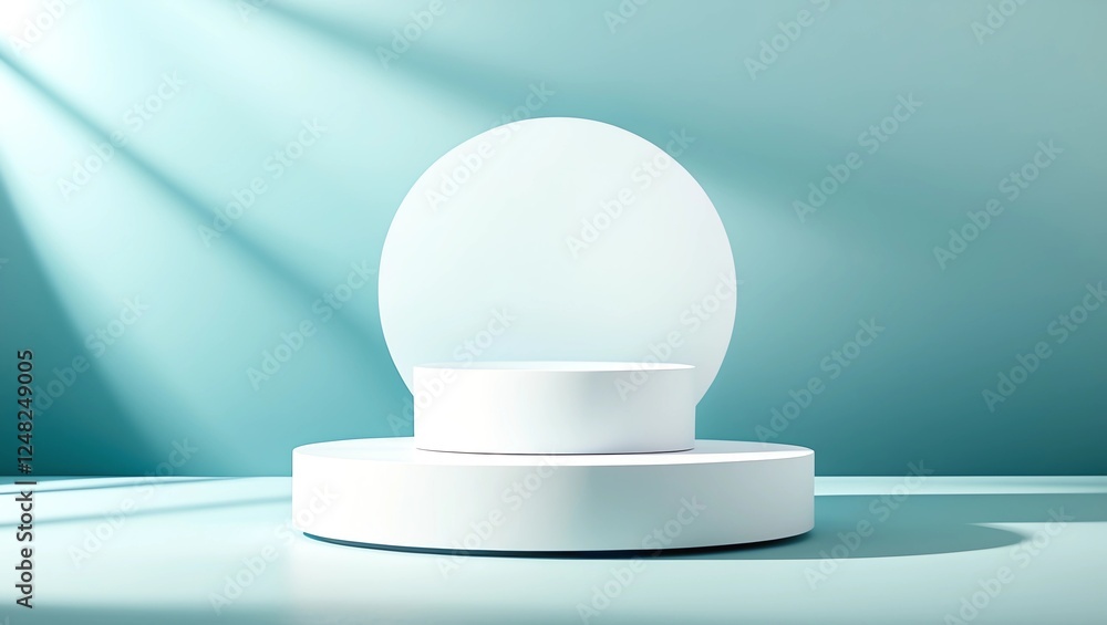 Poster abstract empty white podium with geometric shadows on blue background. mock up stand for product pre