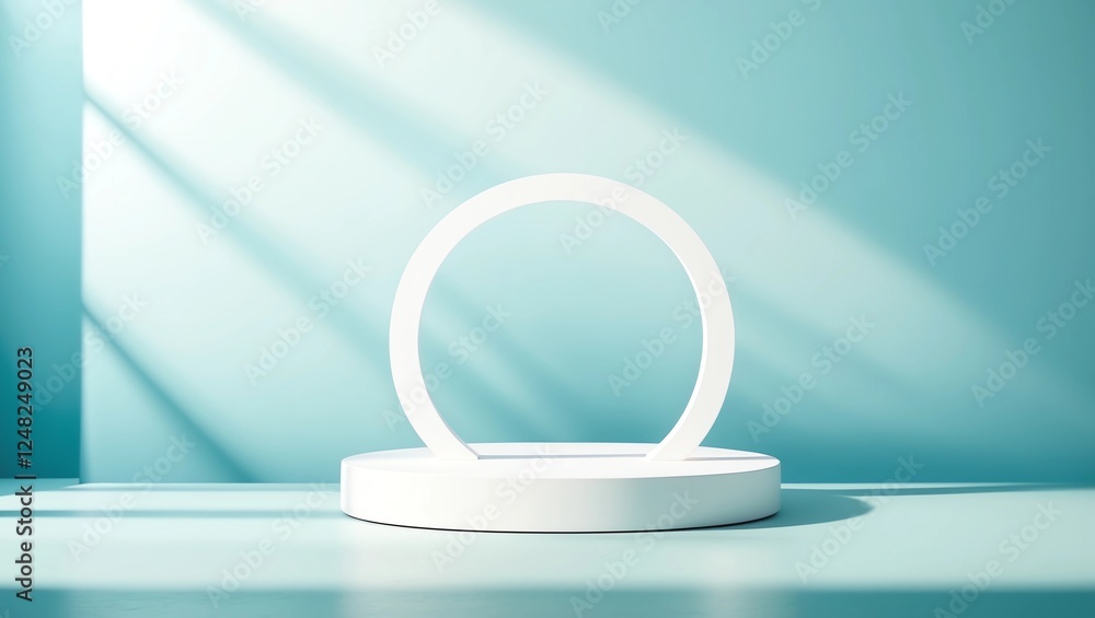 Poster abstract empty white podium with geometric shadows on blue background. mock up stand for product pre