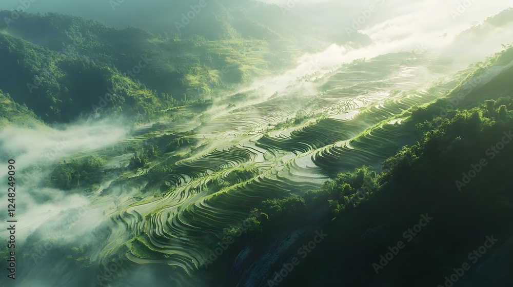 Poster abstract green waves flowing through dark space, ethereal light patterns creating a serene atmospher