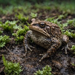 Obraz premium Focus on a toad camouflaged in the undergrowth.Hong Kong cascade frog Rana arvalis - moor frog in summer forest Take a side-view shot of a toad hopping in the forest, with a DSLR and a soft-focus back