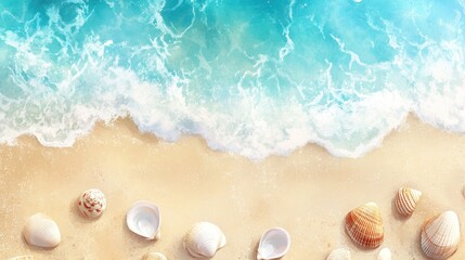 Seashells adorn a sun-kissed beach where gentle waves meet the shore