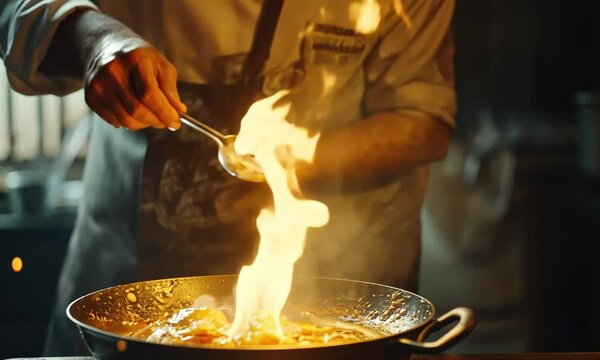 Chef flamb?ing food in a wok with dramatic fire