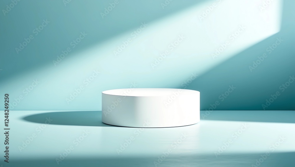 Poster abstract empty white podium with geometric shadows on blue background. mock up stand for product pre
