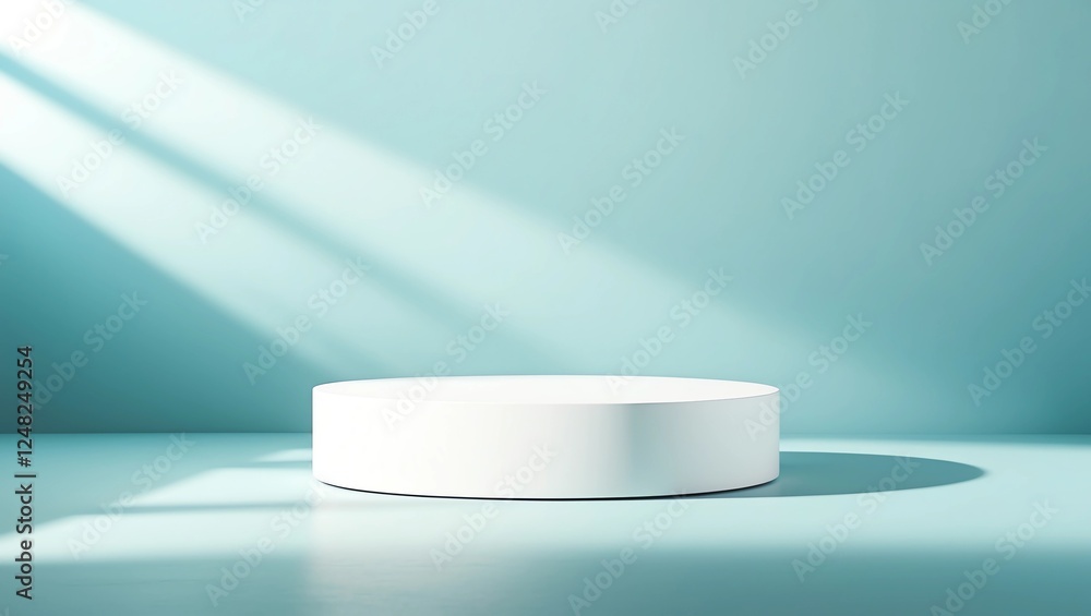Poster abstract empty white podium with geometric shadows on blue background. mock up stand for product pre