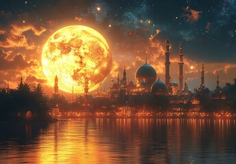 Vibrant Sunset Over Domed Mosques and Minarets Reflecting in Water Beneath a Giant Moon


