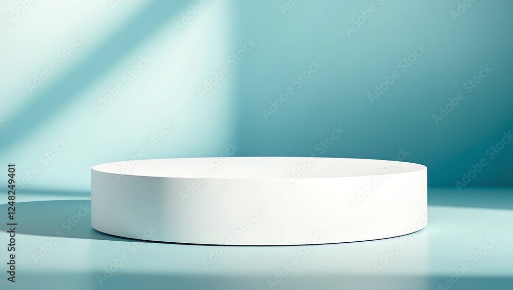 Poster abstract empty white podium with geometric shadows on blue background. mock up stand for product pre