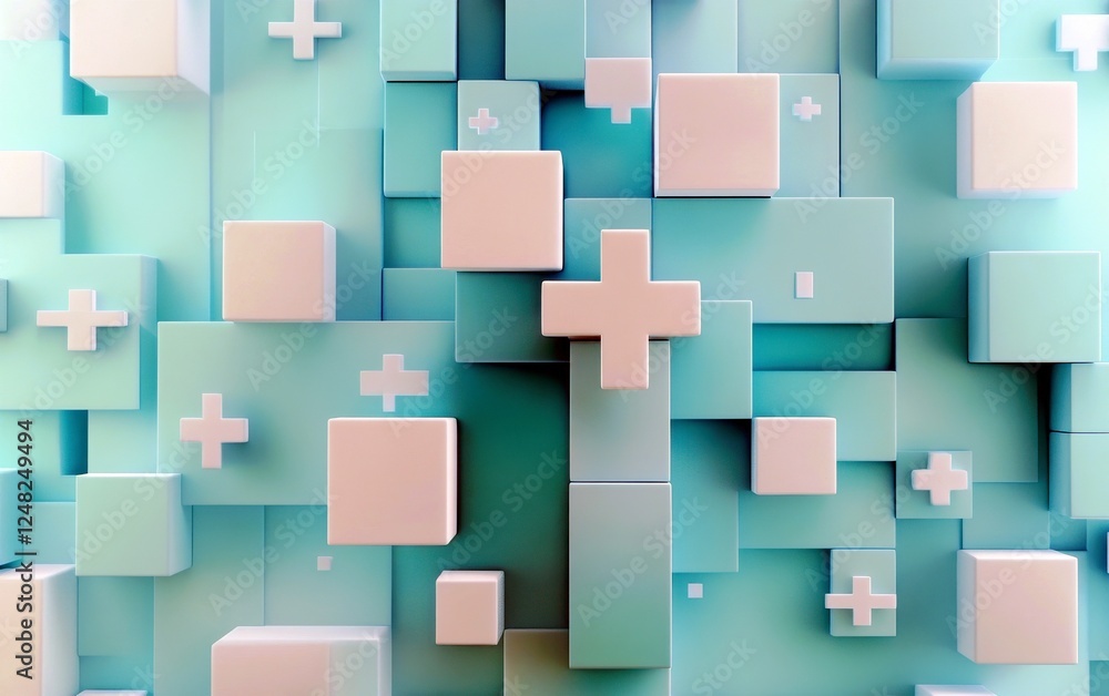 Poster abstract geometric background featuring floating cubes and plus signs in soft pastel colors, creatin