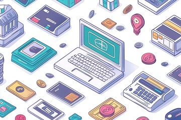 A colorful illustration featuring a laptop surrounded by various tech gadgets, cards, and digital items, emphasizing modern technology and digital transactions.