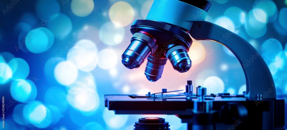 Poster close-up of a laboratory microscope on a colorful bokeh background enhancing scientific research and