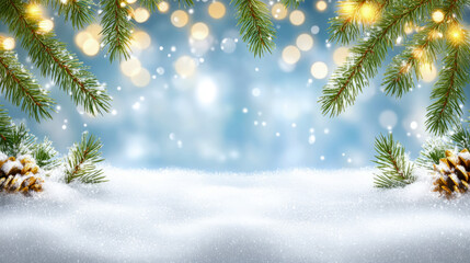 Winter Holiday Festive Scene: Holiday Background for Print, Card, or Poster, Featuring Snow, Pine Branches, and Bokeh Lights