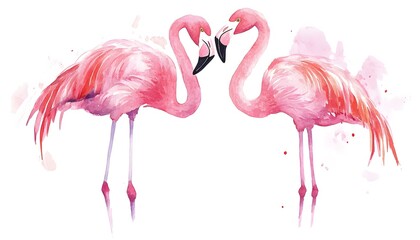 Obraz premium Watercolor painting shows two pink flamingos facing each other