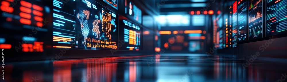Poster a futuristic data center with illuminated screens displaying graphs and metrics, showcasing advanced