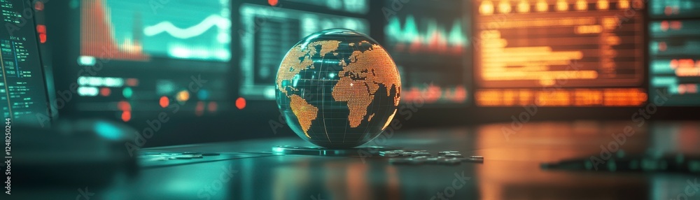 Poster a digital globe sits on a desk, surrounded by screens displaying graphs and data, illustrating a hig