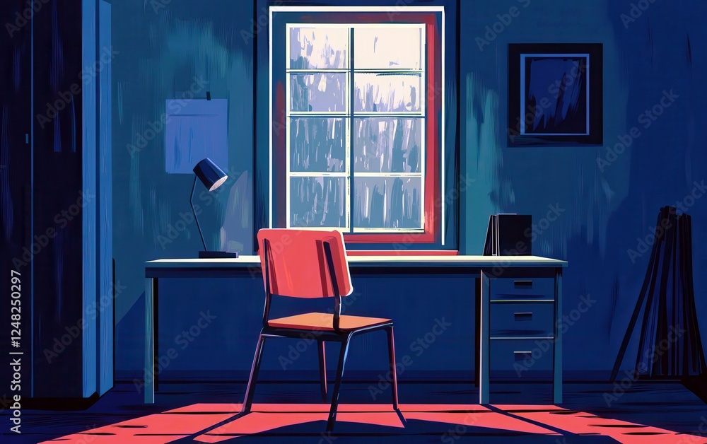 Poster a minimalistic home office setting with a single chair and desk illuminated by soft light from a win