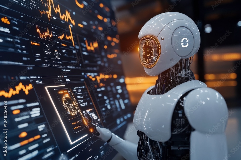 Poster a futuristic robot interacting with digital data displays, showcasing advanced technology and artifi