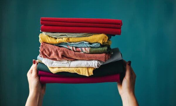 Woman holding a neatly stacked pile of colorful folded clothes.