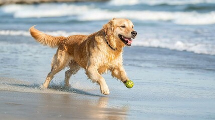 Playful golden retriever fetching ball on beach sunny day action photography