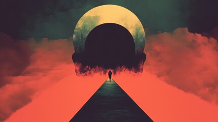 Person walking towards an ominous portal artistic and moody vibrant and dark contrasting colors A surreal journey into the unknown