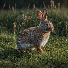 Fototapeta premium beautiful european rabbit Photograph a rabbit nibbling on grass.A watercolor painting of a beautiful rabbit in a dreamy meadow.