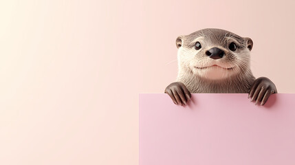 Naklejka premium Cute Otter Peeking Against a Pink Background