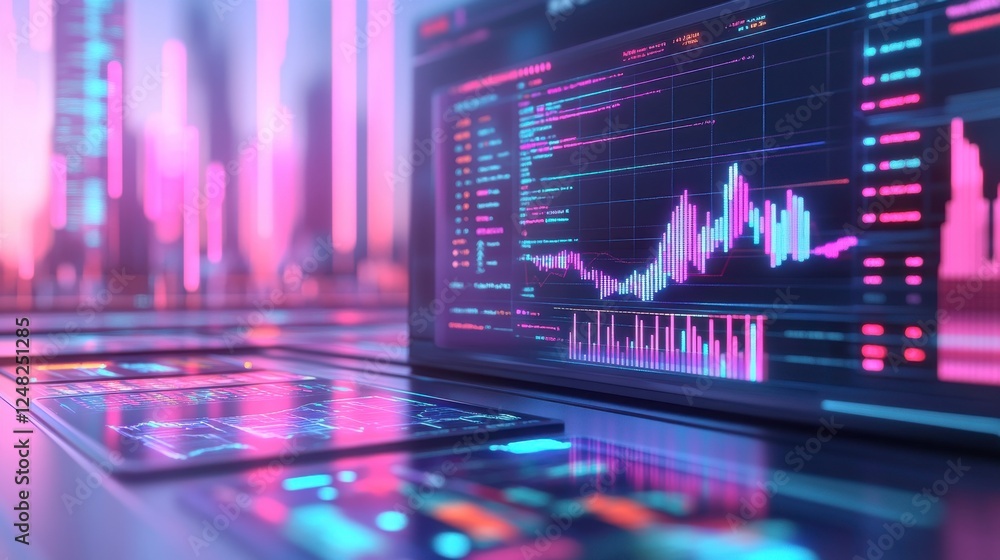 Poster a vibrant digital interface displays financial data and trends, featuring colorful graphs and charts