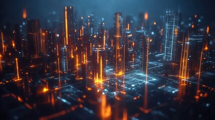 Fototapeta premium A futuristic cityscape with glowing orange and blue skyscrapers, creating a vibrant, high-tech atmosphere.