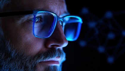 Close-up of an intelligent man with glasses, illuminated by blue light, deep in thought.