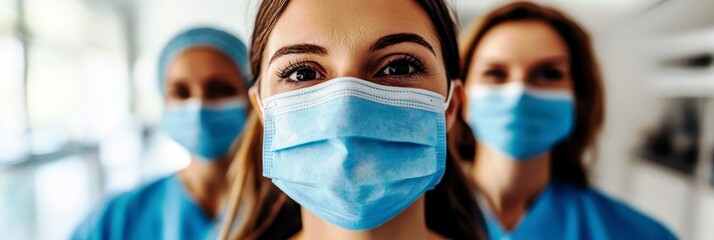 Medical professionals wearing blue surgical masks posing together in a healthcare environment, showcasing teamwork and dedication to patient care