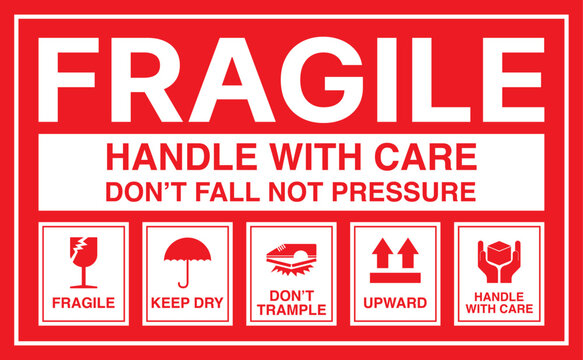Red Fragile Warning Label Vector with Broken Glass Symbol. Handle with Care, Keep Dry, Don't Trample, and This Side Up Shipping Safety Signs and Instructions.