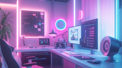 A modern home office with vivid neon lights, featuring dual monitors, stylish furniture, and a plant, creating an inviting and tech-savvy workspace.