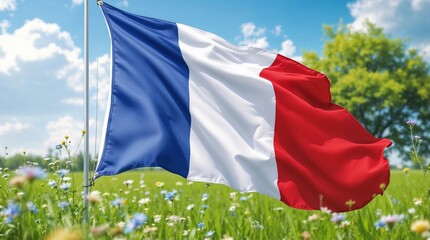 French flag waving proudly in a vibrant field with flowers on Bastille Day