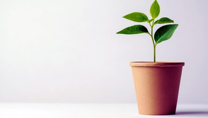 Obraz premium Fresh green plant growing in a simple terracotta pot against a light background representing nature, growth, and sustainability
