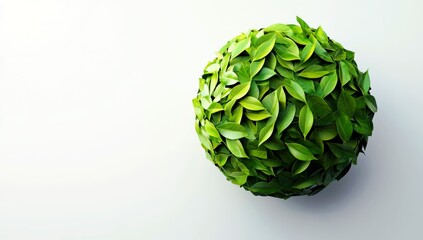 Fototapeta premium Lush Green Sphere Covered in Vibrant Leaves Representing Nature and Environmental Harmony Against a Minimalist Background