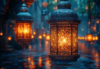 Intricate Glowing Lanterns Against a Misty, Enchanting Backdrop

