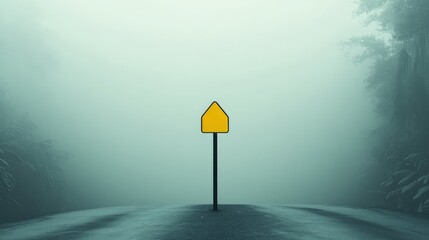 Foggy landscape with a solitary yellow warning sign on a deserted road surrounded by greenery