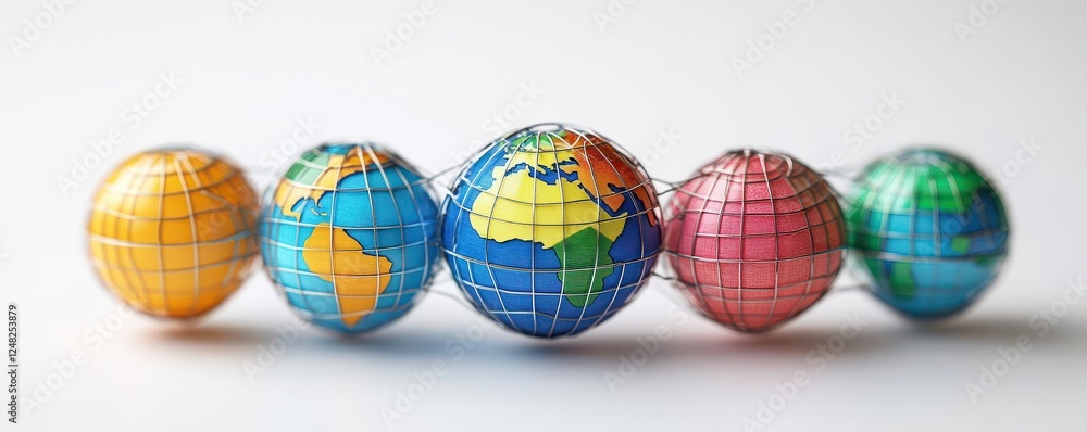 Poster a series of colorful globe models arranged in a line, showcasing different continents and world repr