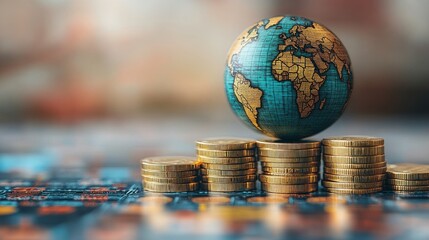 A globe resting on a stack of coins, symbolizing global finance, economics, and wealth in a vibrant setting.