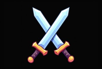 Cute Swords Icon: Cartoon Style, Rounded Edges, Flat Colors, Isometric View on Black, Perfect for Gaming Assets, App Logos, and Fantasy-Inspired Graphics.

