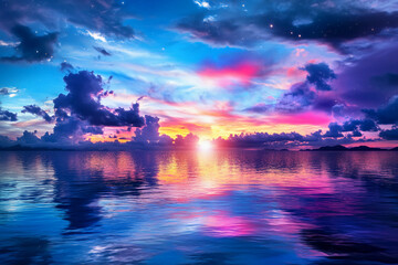 Dreamy Sky Over Calm Ocean with Pastel Colors, Fluffy Clouds, and Serene Tranquil Scene, Perfect for Relaxation and Peaceful Imagery